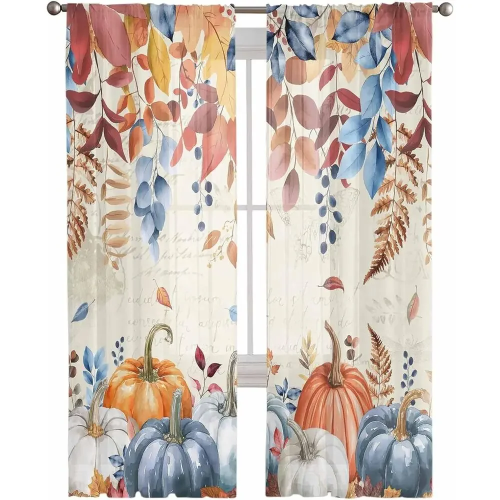 Fall Sheer Curtains, Blue Pumpkin Leaves Light Filtering, 2 Panels 52